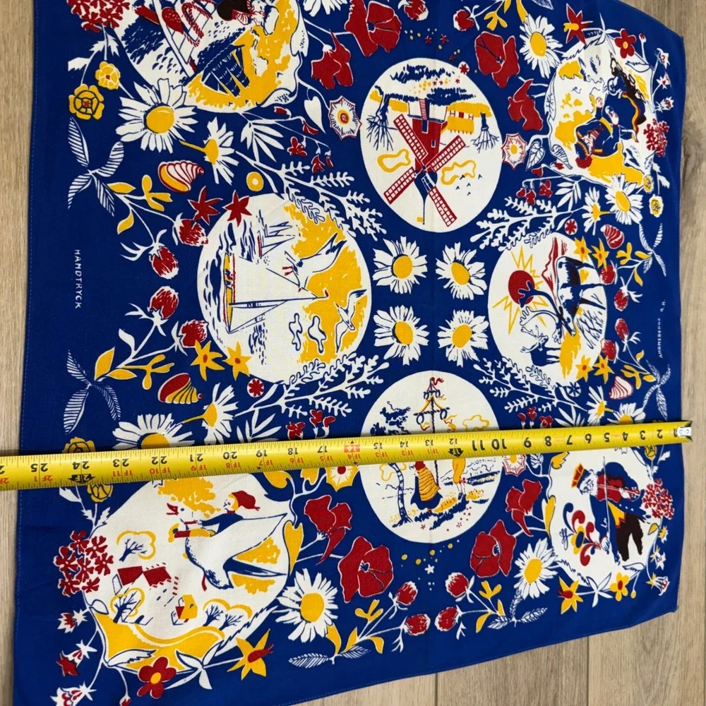 Vintage Swedish Bandanna Scarf Ahrnebergs AB Hand Printed Blue Folk Art 25